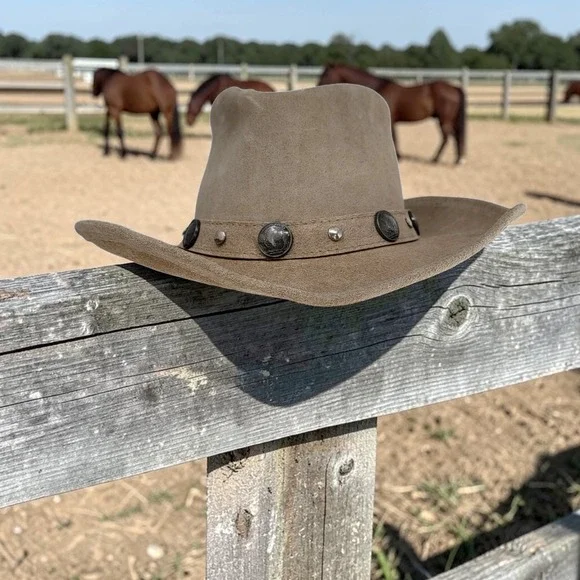 Minnetonka Outback Buffalo Nickel Leather Cowboy Hat Buckskin Tan Size Large - Picture 1 of 12